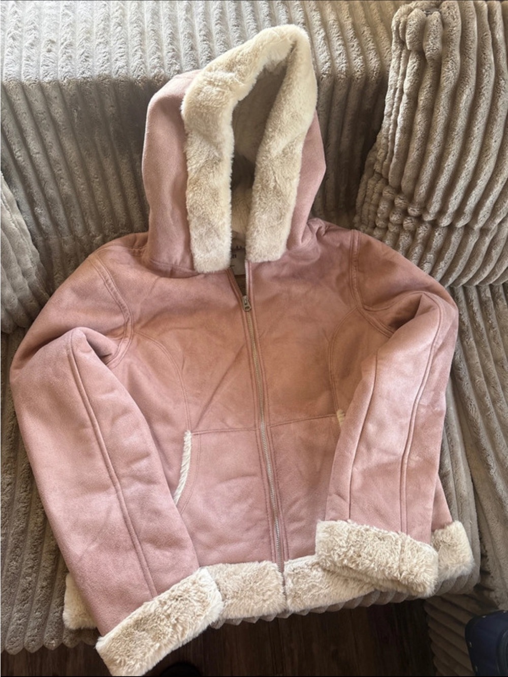 Hollister Dusty Pink Faux-Suede Hooded Shearling Jacket